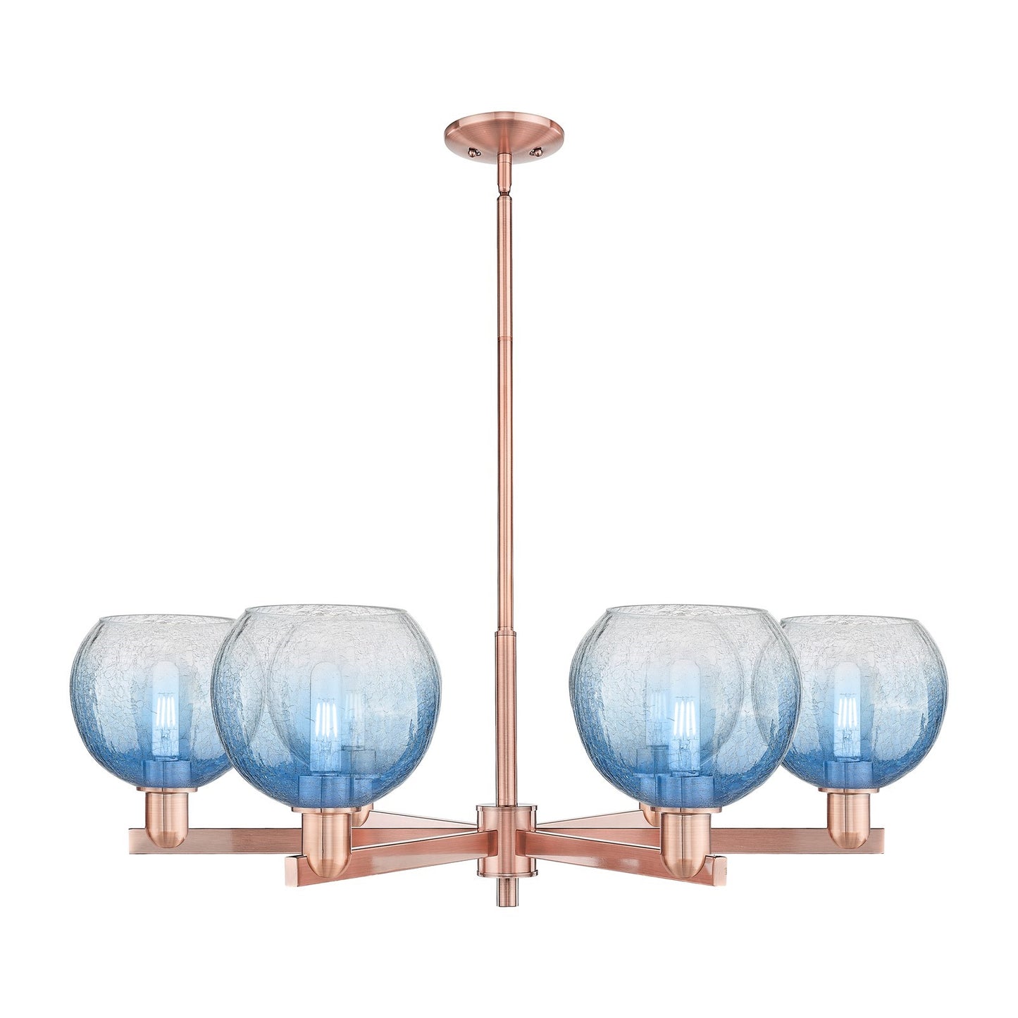 Innovations Brookhaven Globe 37.75in 6-Light Chandelier | Industrial Antique Copper Steel and Sapphire Blue Glass | Dining | Model 716-6CR-AC-G483-8SB