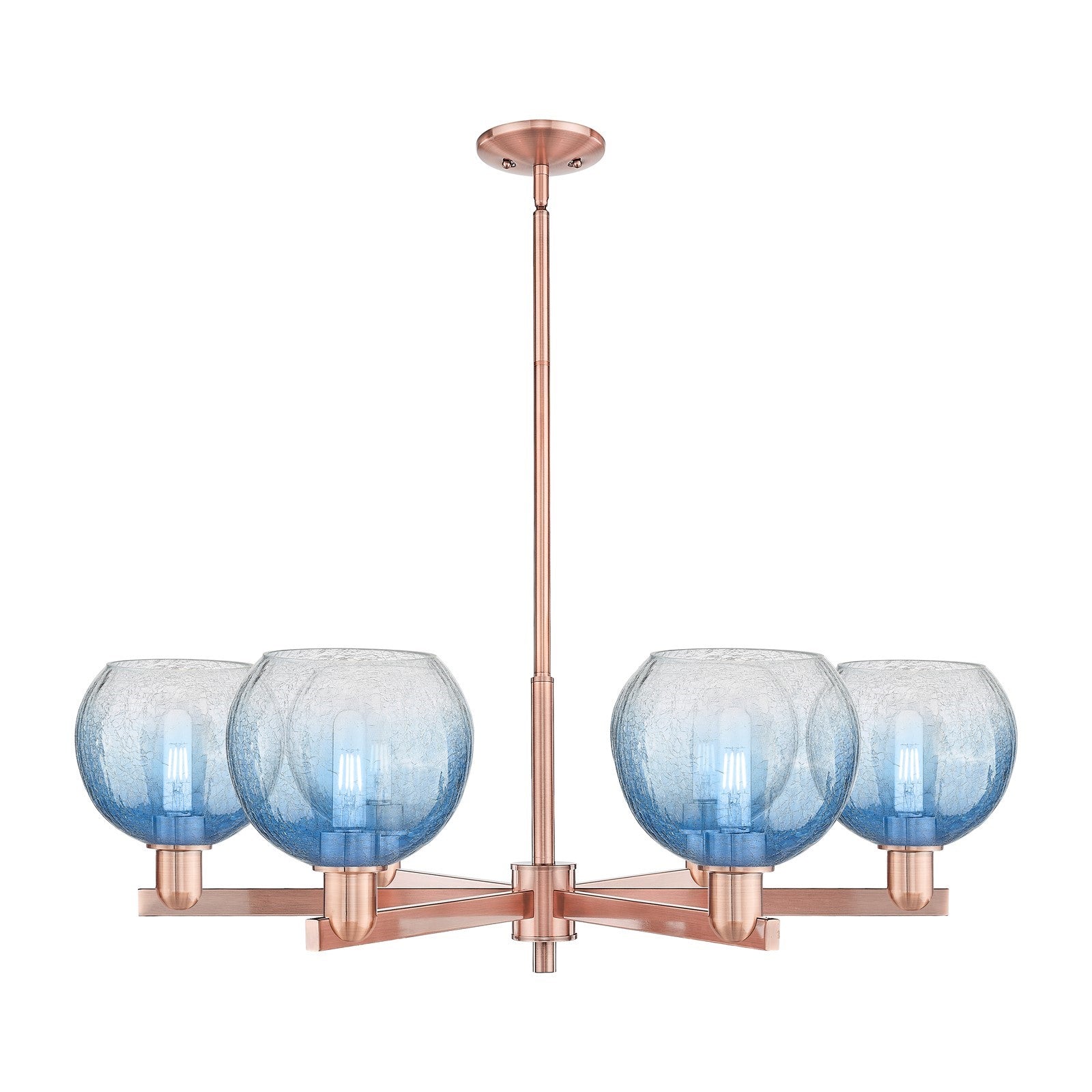 Innovations Brookhaven Globe 37.75in 6-Light Chandelier | Industrial Antique Copper Steel and Sapphire Blue Glass | Dining | Model 716-6CR-AC-G483-8SB
