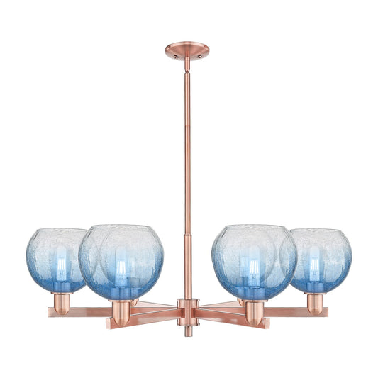 Innovations Brookhaven Globe 37.75in 6-Light Chandelier | Industrial Antique Copper Steel and Sapphire Blue Glass | Dining | Model 716-6CR-AC-G483-8SB