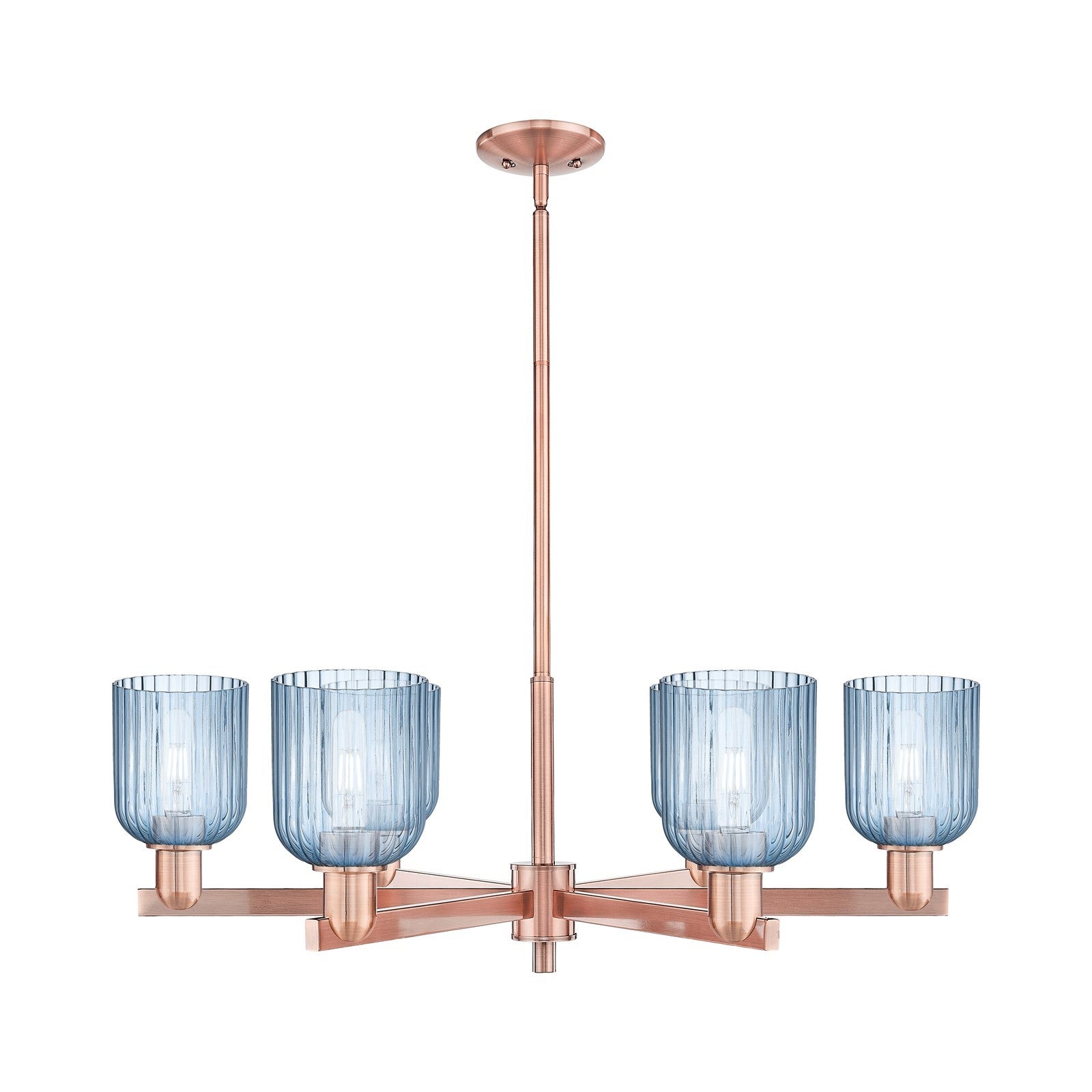 Innovations Bridal Veil 34.75in 6-Light Chandelier | Industrial Antique Copper Steel and Princess Blue Ribbed Glass | Dining | Model 716-6CR-AC-G559-5BL