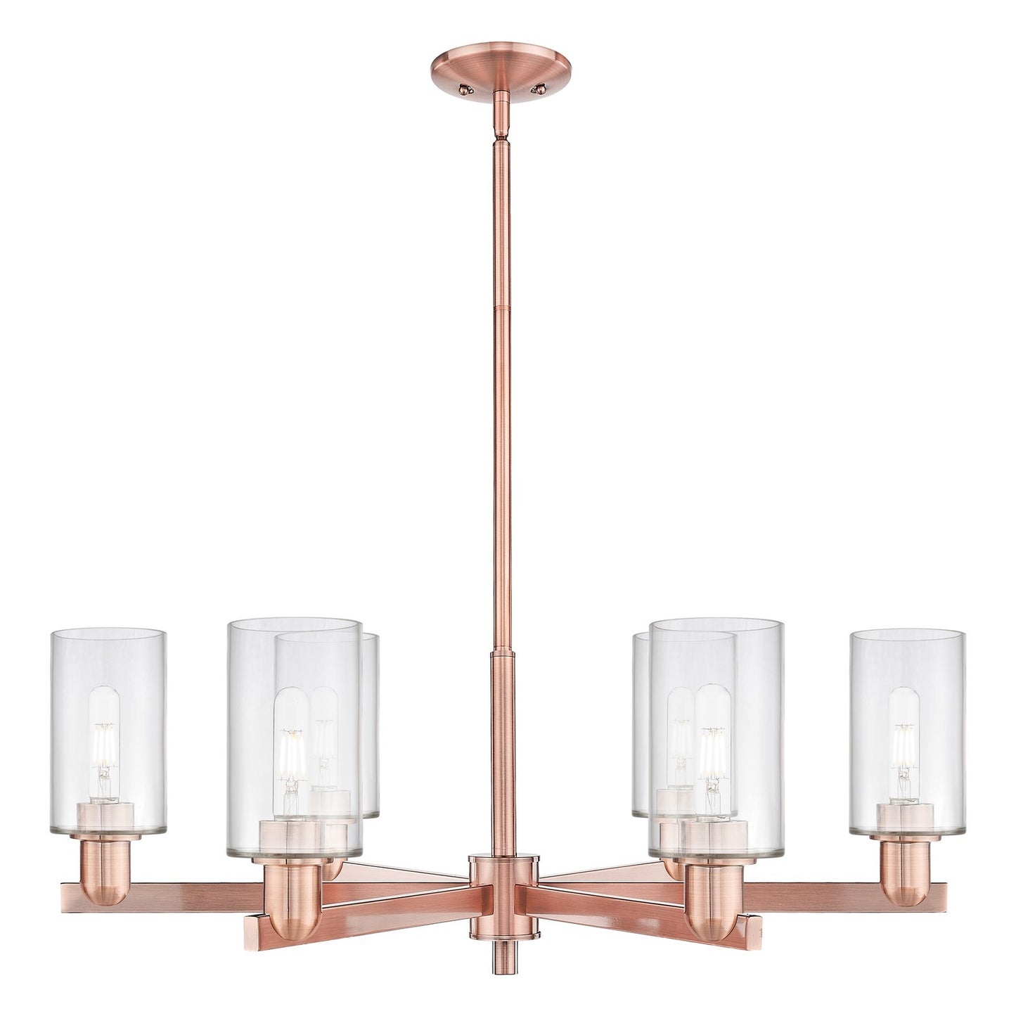 Innovations Clymer 34in 6-Light Chandelier | Industrial Antique Copper Steel and Clear Glass | Dining Room & Living Room | Model 716-6CR-AC-G802