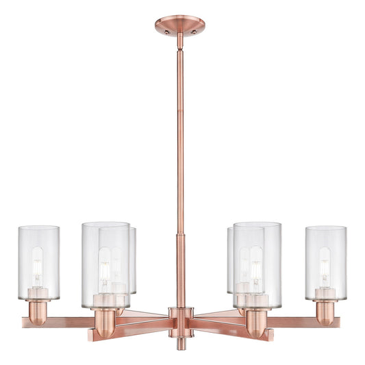 Innovations Clymer 34in 6-Light Chandelier | Industrial Antique Copper Steel and Clear Glass | Dining Room & Living Room | Model 716-6CR-AC-G802
