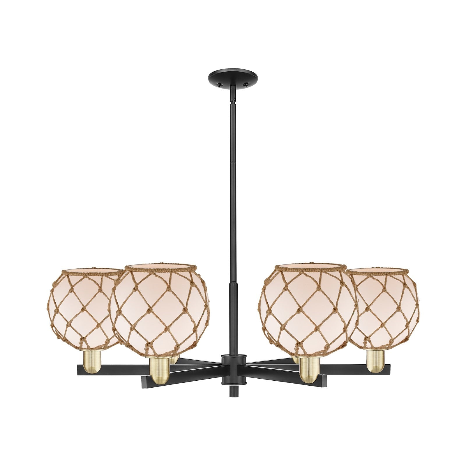 Innovations Farmhouse Rope 38in 6-Light Chandelier | Industrial Black Antique Brass and White Frosted Glass with Brown Rope | Model 716-6CR-BAB-G121-8RB
