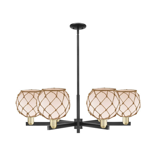 Innovations Farmhouse Rope 38in 6-Light Chandelier | Industrial Black Antique Brass and White Frosted Glass with Brown Rope | Model 716-6CR-BAB-G121-8RB