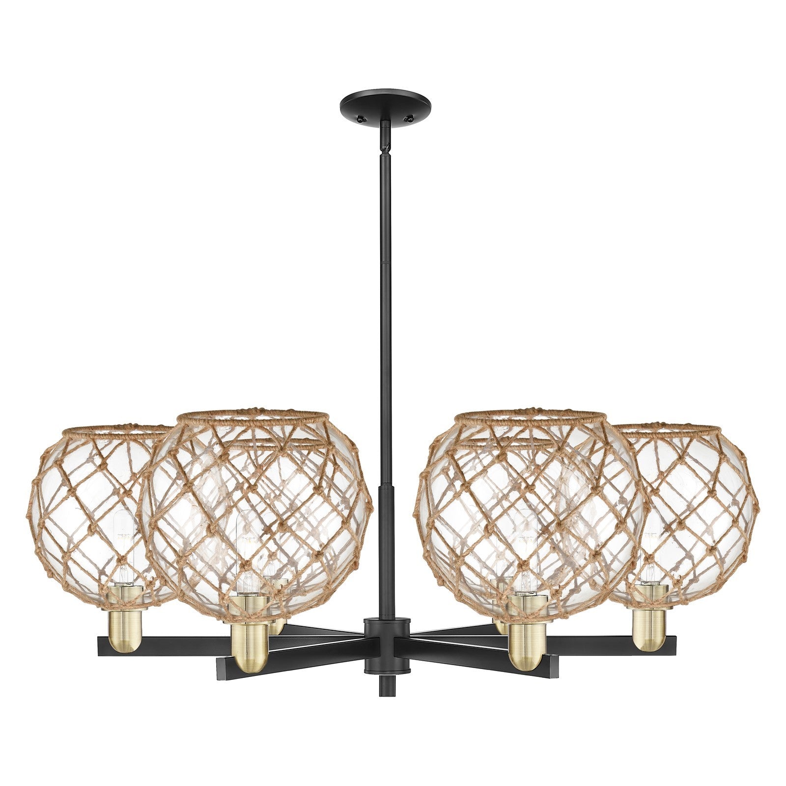 Innovations Farmhouse Rope 40in 6-Light Chandelier | Industrial Black Antique Brass and Clear Glass with Rope | Kitchen | Model 716-6CR-BAB-G122-10RB