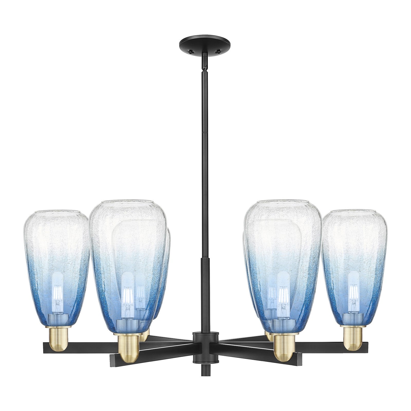 Innovations Brookhaven Almond 36in 6-Light Chandelier | Industrial Black Antique Brass and Sapphire Blue Glass | Kitchen | Model 716-6CR-BAB-G480-6SB