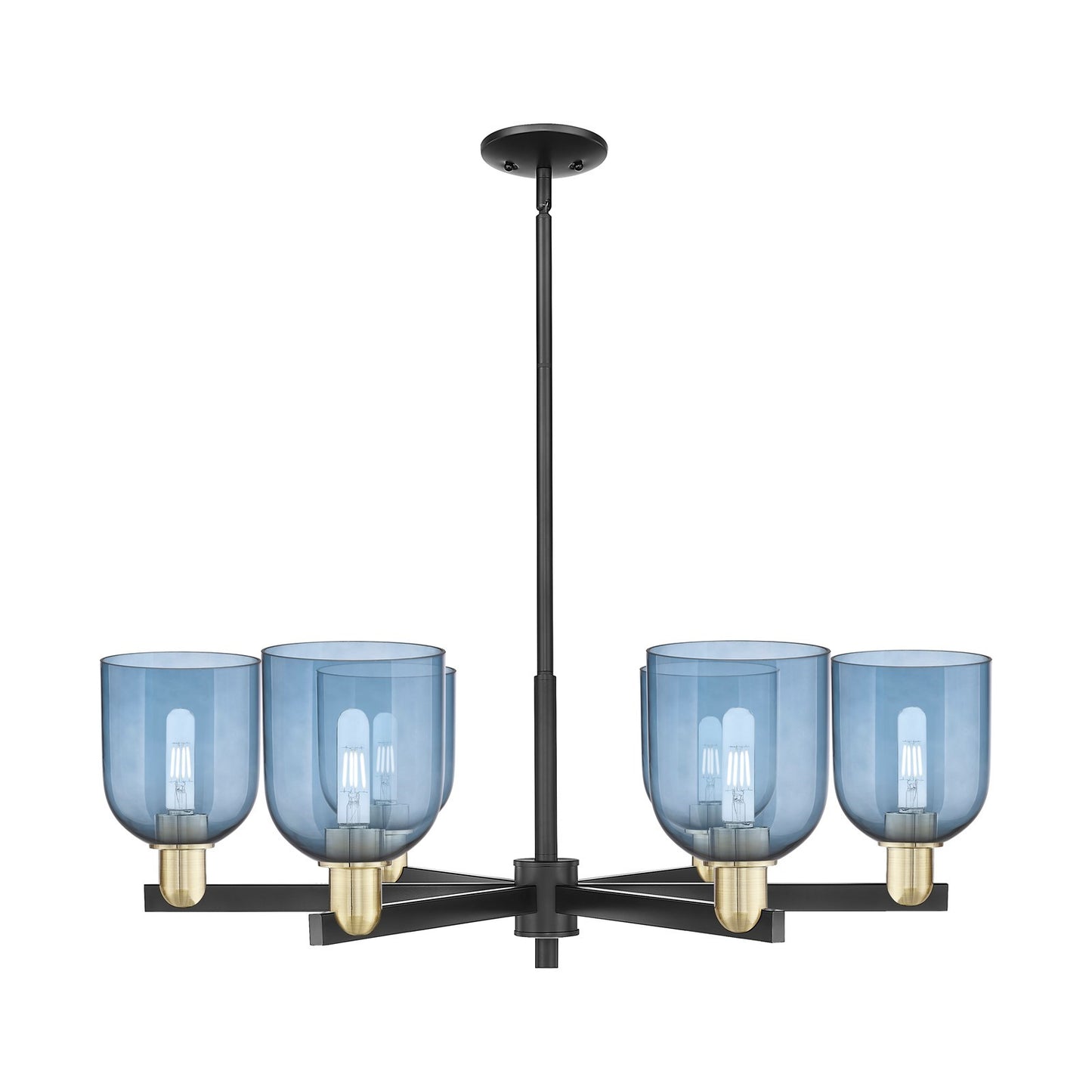 Innovations Bella 35in 6-Light Chandelier | Industrial Black Antique Brass and Blue Glass | Kitchen Island & Dining Room | Model 716-6CR-BAB-G558-6BL