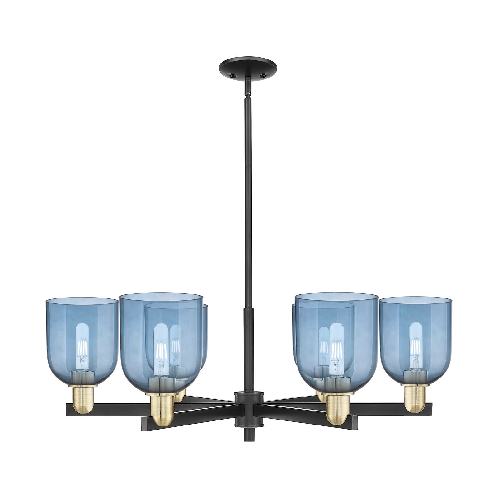 Innovations Bella 35in 6-Light Chandelier | Industrial Black Antique Brass and Blue Glass | Kitchen Island & Dining Room | Model 716-6CR-BAB-G558-6BL