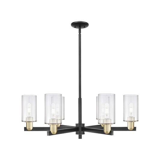 Innovations Clymer 34in 6-Light Chandelier | Industrial Black Antique Brass Steel and Clear Glass | Dining Room & Living Room | Model 716-6CR-BAB-G802