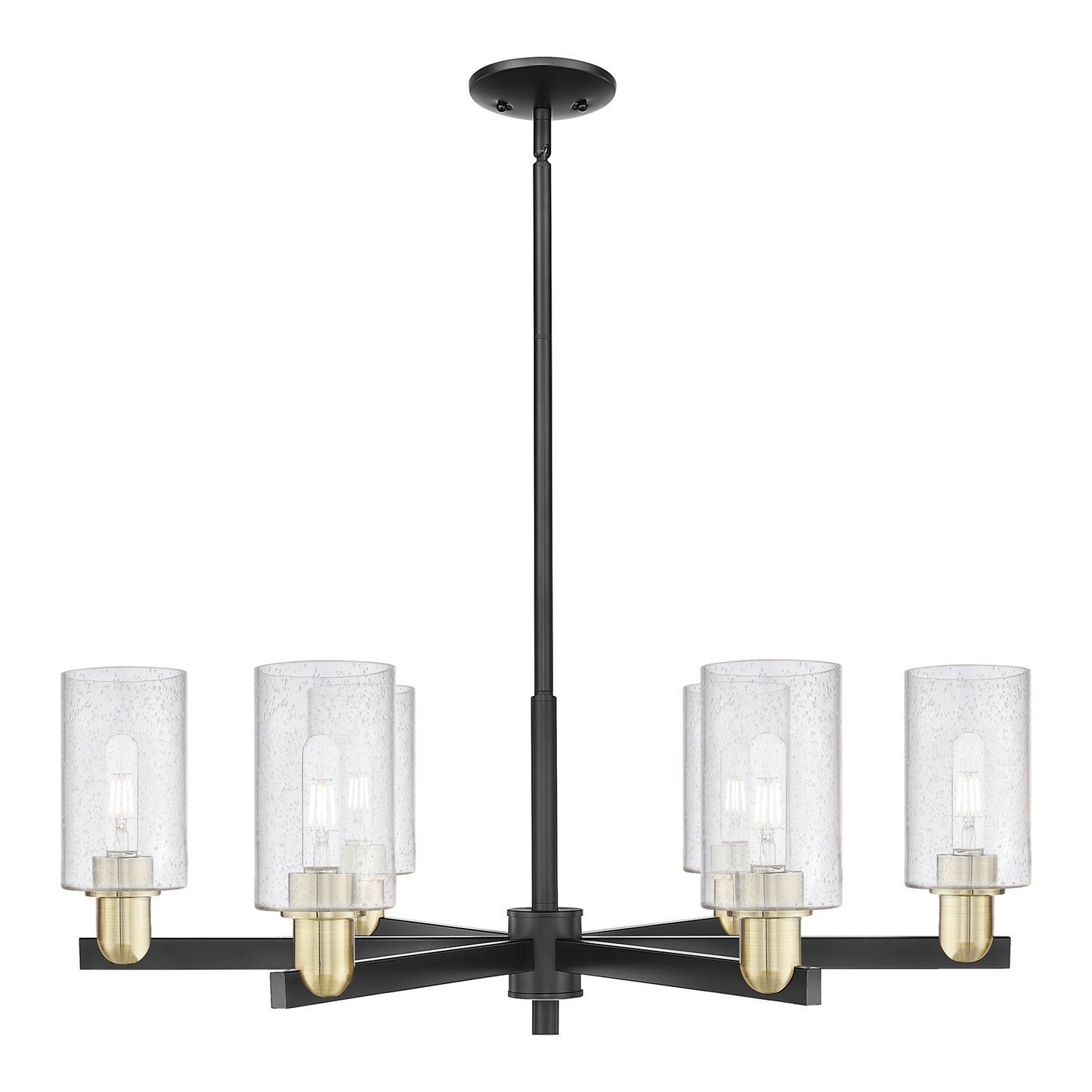 Innovations Clymer 34in 6-Light Chandelier | Industrial Black Antique Brass Steel and Seedy Glass | Dining Room & Living Room | Model 716-6CR-BAB-G804