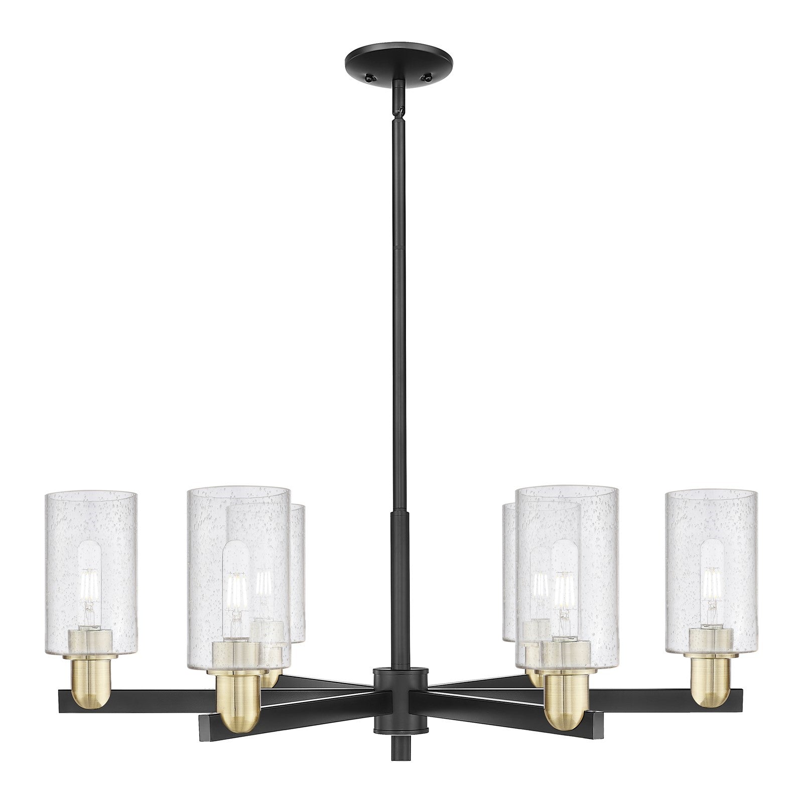 Innovations Clymer 34in 6-Light Chandelier | Industrial Black Antique Brass Steel and Seedy Glass | Dining Room & Living Room | Model 716-6CR-BAB-G804