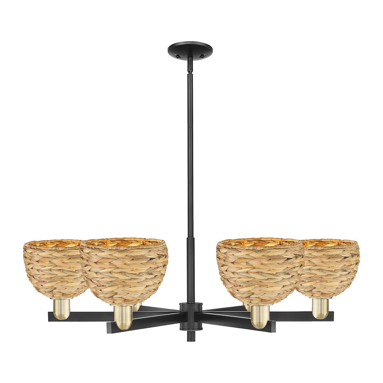Innovations Arcadia 38in 6-Light Chandelier | Industrial Black Antique Brass and Natural Woven Rattan | Dining Room & Living | Model 716-6CR-BAB-RBD-8-NAT