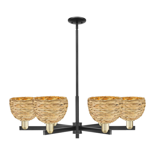 Innovations Arcadia 38in 6-Light Chandelier | Industrial Black Antique Brass and Natural Woven Rattan | Dining Room & Living | Model 716-6CR-BAB-RBD-8-NAT