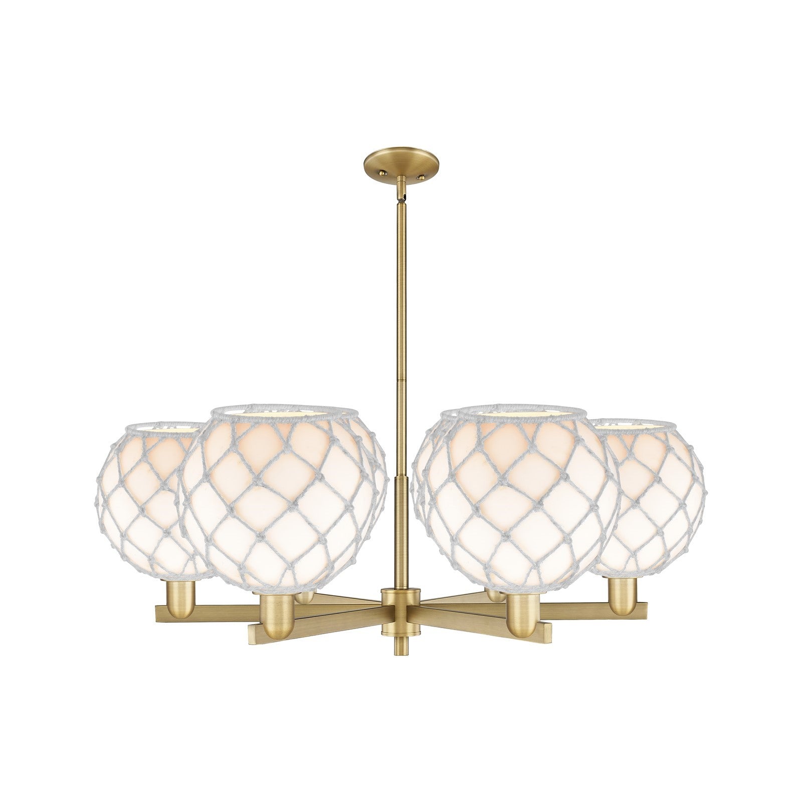 Innovations Farmhouse Rope 40in 6-Light Chandelier | Industrial Brushed Brass and White Glass with Rope | Kitchen & Dining | Model 716-6CR-BB-G121-10RW