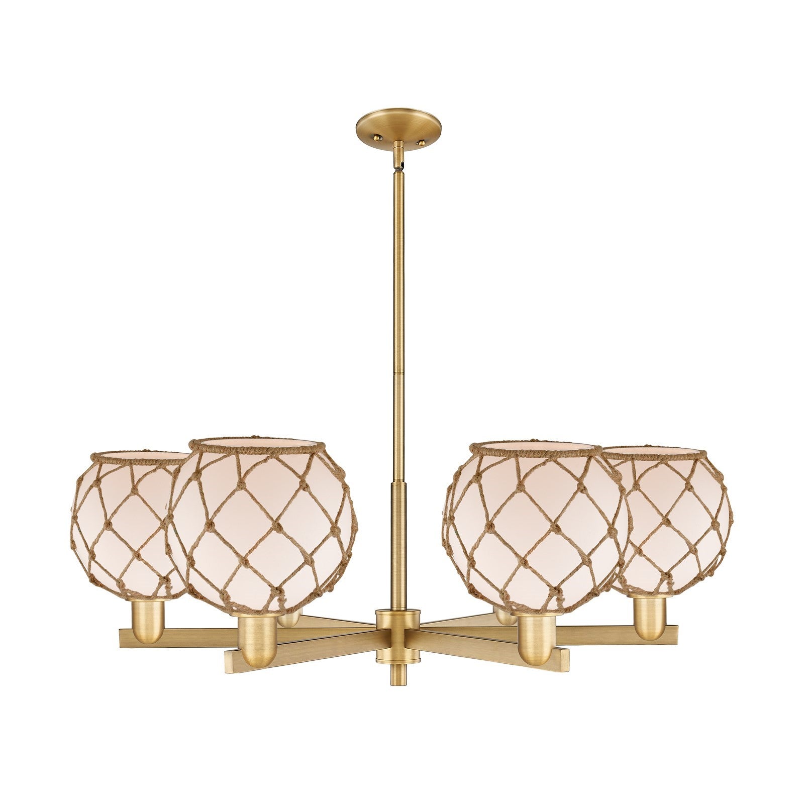 Innovations Farmhouse Rope 38in 6-Light Chandelier | Industrial Brushed Brass and White Glass with Brown Rope | Dining Room & | Model 716-6CR-BB-G121-8RB