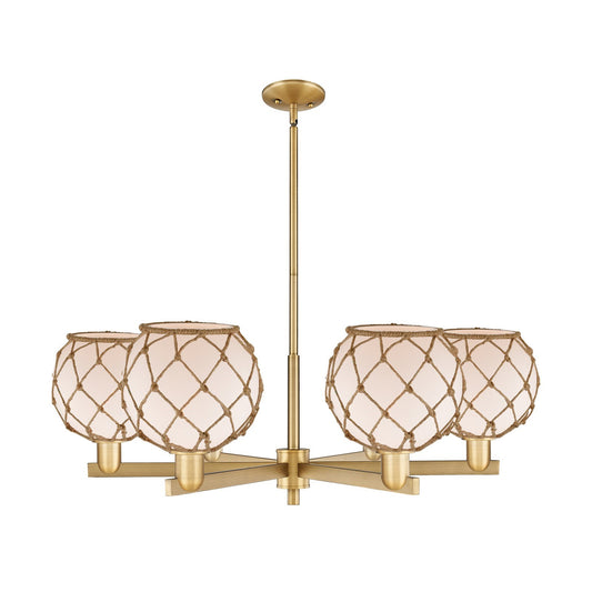 Innovations Farmhouse Rope 38in 6-Light Chandelier | Industrial Brushed Brass and White Glass with Brown Rope | Dining Room & | Model 716-6CR-BB-G121-8RB