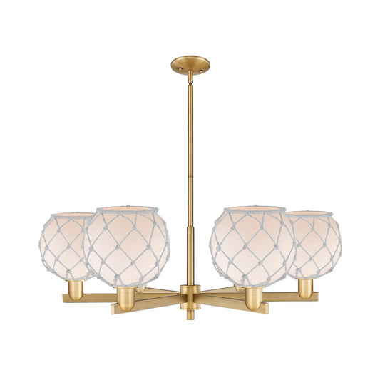 Innovations Farmhouse Rope 38in 6-Light Chandelier | Industrial Brushed Brass Steel and White Frosted Glass with Rope | Model 716-6CR-BB-G121-8RW