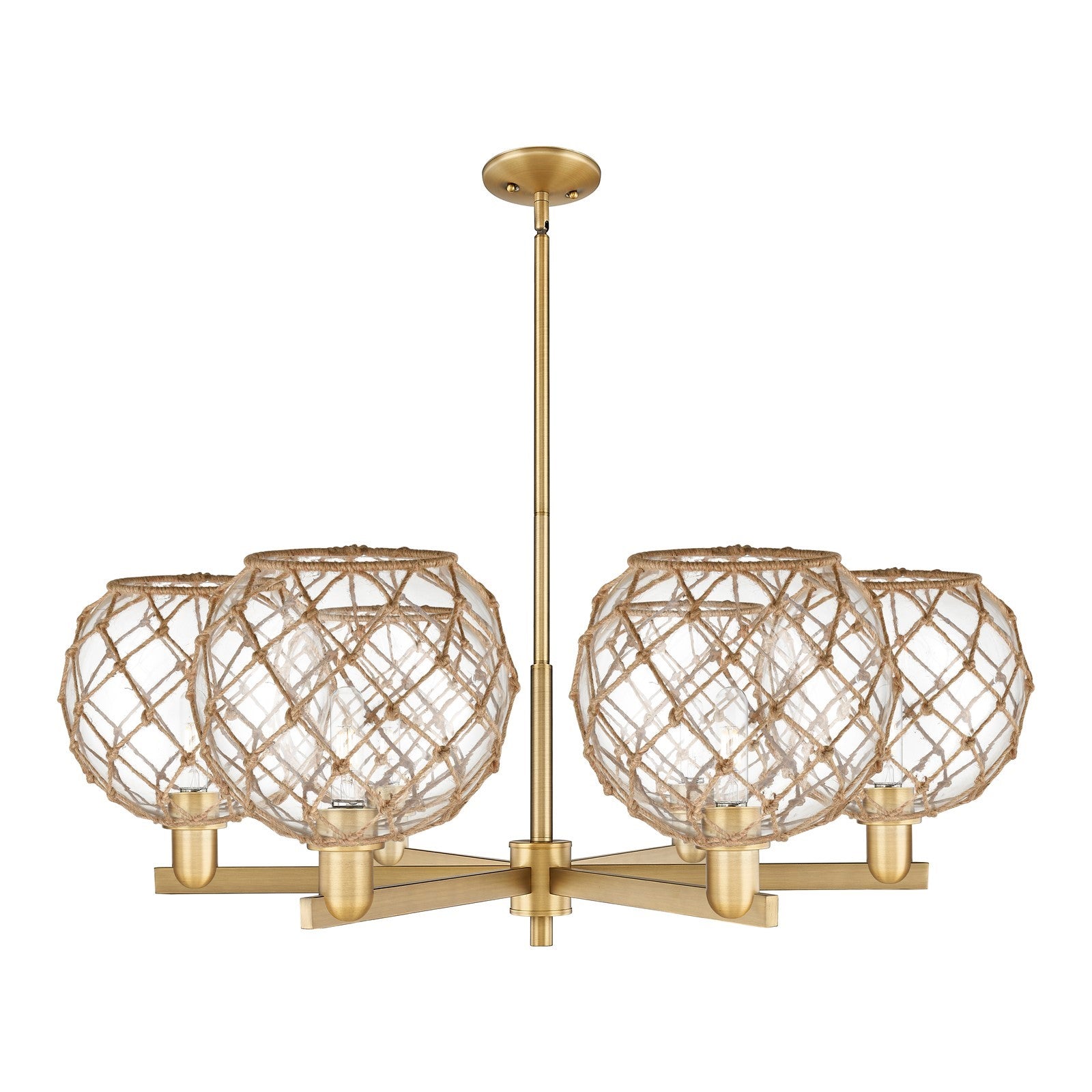 Innovations Farmhouse Rope 40in 6-Light Chandelier | Industrial Brushed Brass Steel and Clear Glass with Brown Rope | Kitchen | Model 716-6CR-BB-G122-10RB
