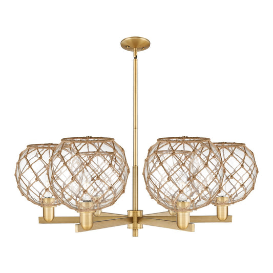 Innovations Farmhouse Rope 40in 6-Light Chandelier | Industrial Brushed Brass Steel and Clear Glass with Brown Rope | Kitchen | Model 716-6CR-BB-G122-10RB