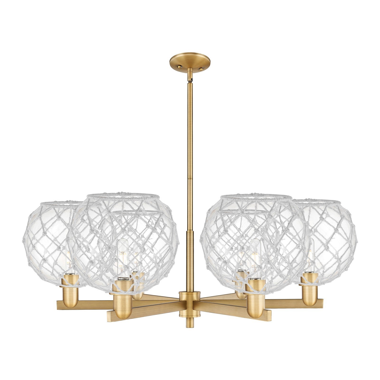 Innovations Farmhouse Rope 40in 6-Light Chandelier | Industrial Brushed Brass Steel and Clear Glass with White Rope | Dining | Model 716-6CR-BB-G122-10RW
