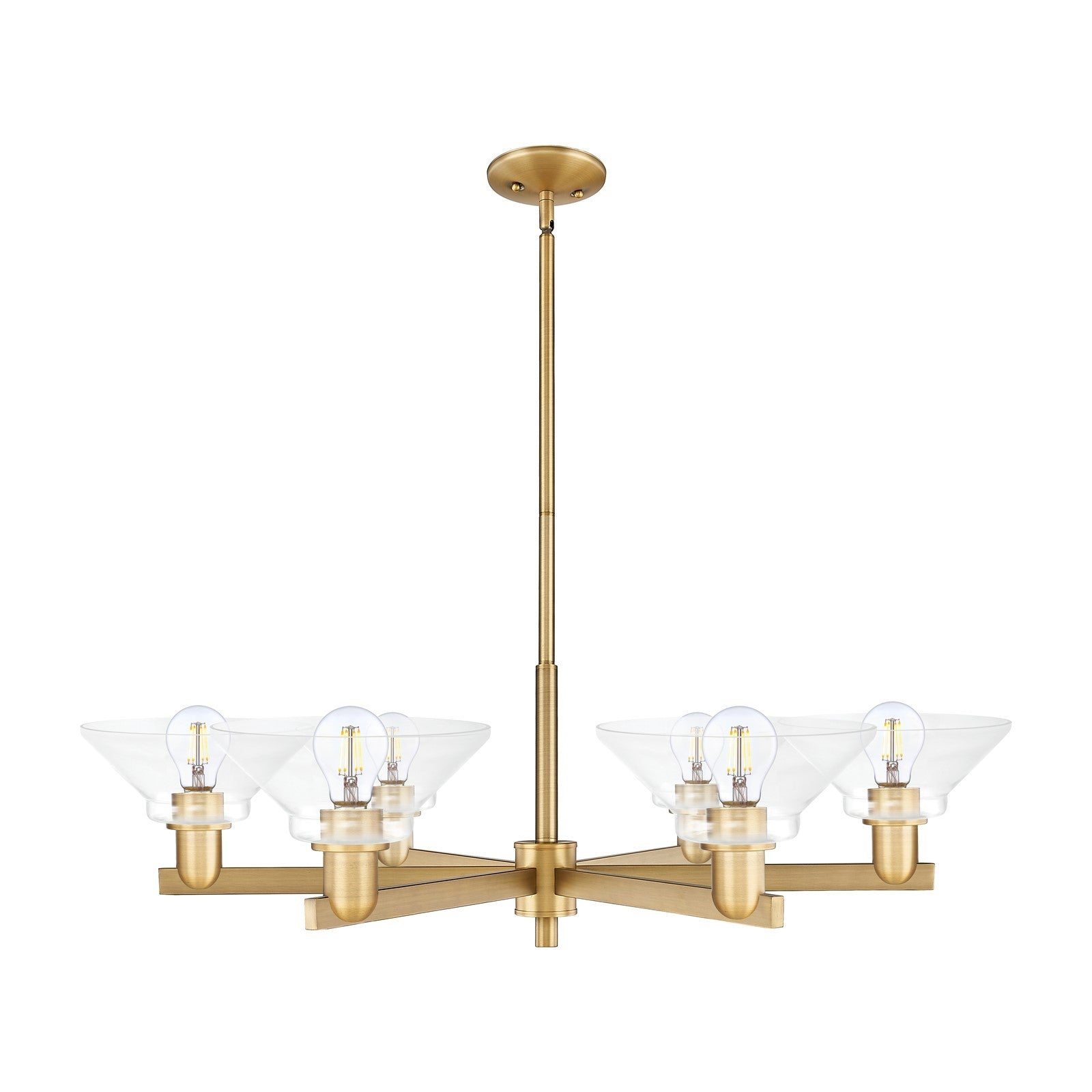 Innovations Orwell 38in 6-Light Chandelier | Industrial Brushed Brass and Clear Glass | Dining Room & Living Room | Model 716-6CR-BB-G132