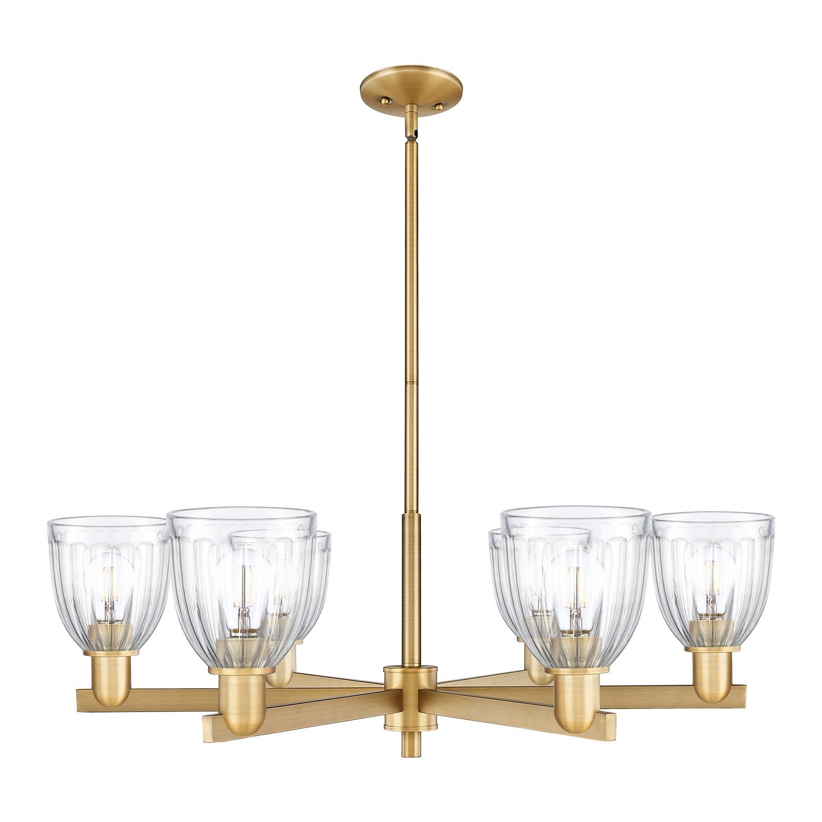 Innovations Brookfield 36in 6-Light Chandelier | Industrial Brushed Brass Steel and Clear Ribbed Glass | Dining Room & Living Room | Model 716-6CR-BB-G442