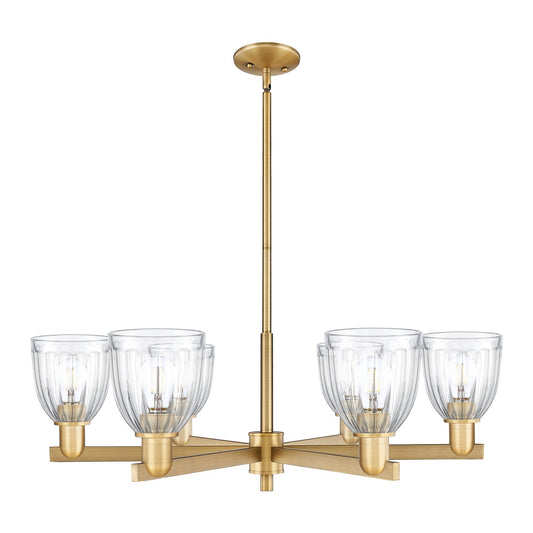 Innovations Brookfield 36in 6-Light Chandelier | Industrial Brushed Brass Steel and Clear Ribbed Glass | Dining Room & Living Room | Model 716-6CR-BB-G442