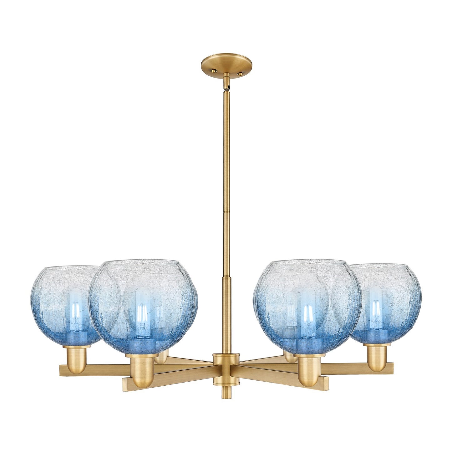 Innovations Brookhaven Globe 37.75in 6-Light Chandelier | Industrial Brushed Brass and Sapphire Blue Glass | Kitchen Island & | Model 716-6CR-BB-G483-8SB