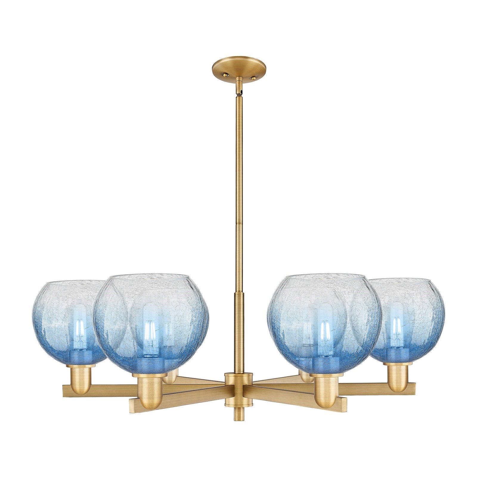 Innovations Brookhaven Globe 37.75in 6-Light Chandelier | Industrial Brushed Brass and Sapphire Blue Glass | Kitchen Island & | Model 716-6CR-BB-G483-8SB