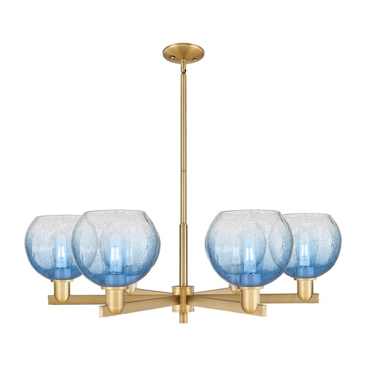 Innovations Brookhaven Globe 37.75in 6-Light Chandelier | Industrial Brushed Brass and Sapphire Blue Glass | Kitchen Island & | Model 716-6CR-BB-G483-8SB