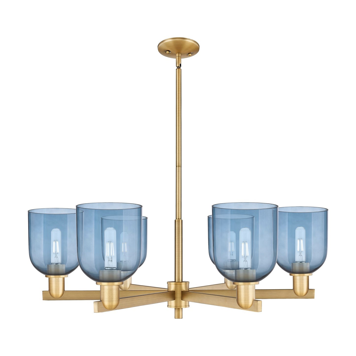 Innovations Bella 35in 6-Light Chandelier | Industrial Brushed Brass Steel and Blue Glass | Dining Room & Living Room | Model 716-6CR-BB-G558-6BL