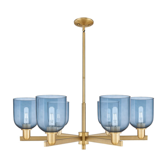 Innovations Bella 35in 6-Light Chandelier | Industrial Brushed Brass Steel and Blue Glass | Dining Room & Living Room | Model 716-6CR-BB-G558-6BL