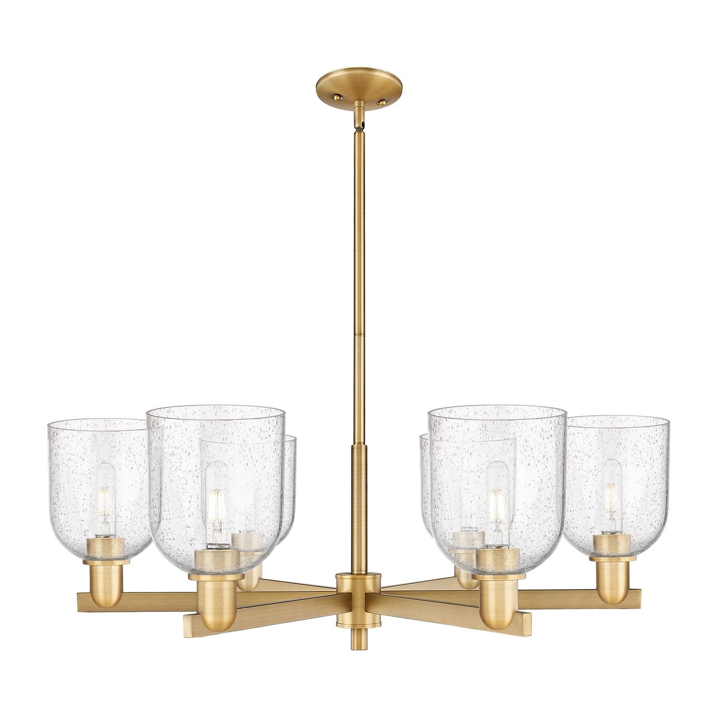 Innovations Bella 35in 6-Light Chandelier | Industrial Brushed Brass Steel and Seedy Glass | Dining Room & Living Room | Model 716-6CR-BB-G558-6SDY