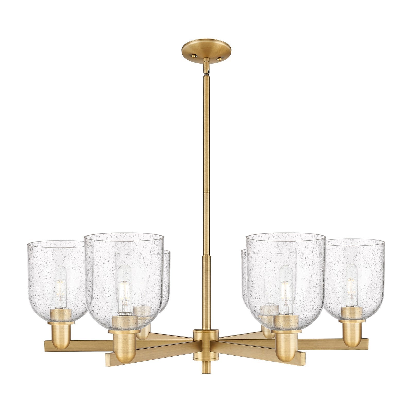 Innovations Bella 35in 6-Light Chandelier | Industrial Brushed Brass Steel and Seedy Glass | Dining Room & Living Room | Model 716-6CR-BB-G558-6SDY