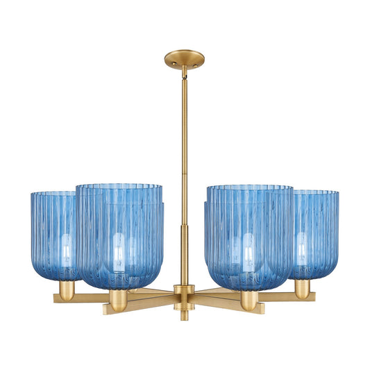 Innovations Bridal Veil 38in 6-Light Chandelier | Industrial Brushed Brass Steel and Princess Blue Glass | Dining Room & | Model 716-6CR-BB-G559-8BL