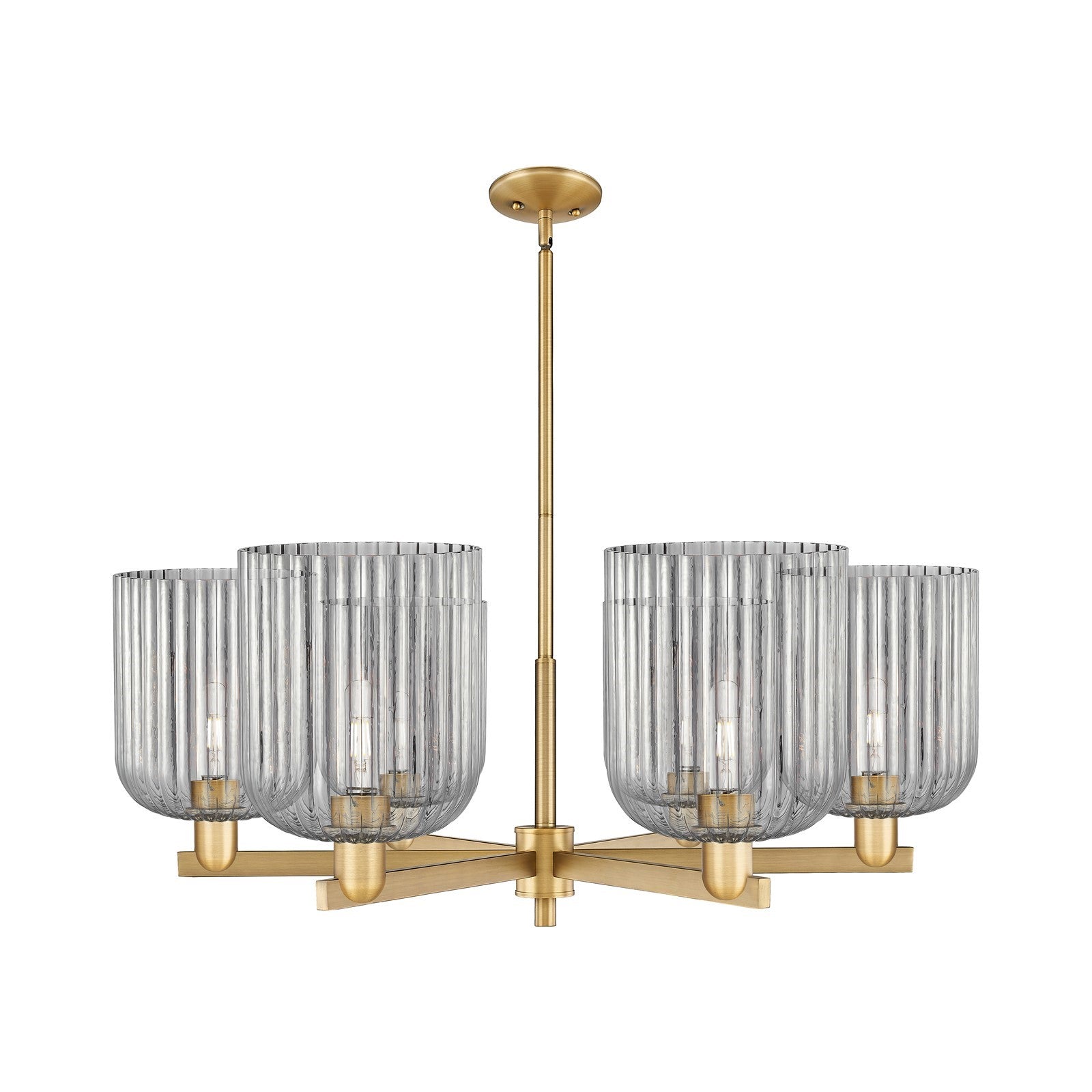 Innovations Bridal Veil 38in 6-Light Chandelier | Industrial Brushed Brass Steel and Light Smoke Ribbed Glass | Dining Room & | Model 716-6CR-BB-G559-8SM