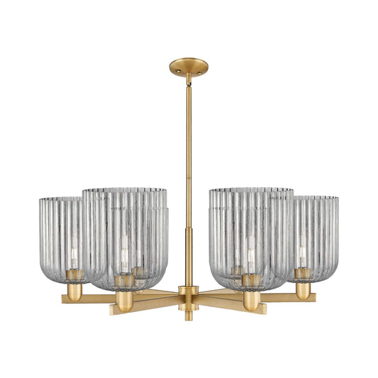 Innovations Bridal Veil 38in 6-Light Chandelier | Industrial Brushed Brass Steel and Light Smoke Ribbed Glass | Dining Room & | Model 716-6CR-BB-G559-8SM
