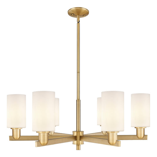 Innovations Clymer 34in 6-Light Chandelier | Industrial Brushed Brass Steel and Matte White Glass | Dining Room & Living Room | Model 716-6CR-BB-G801
