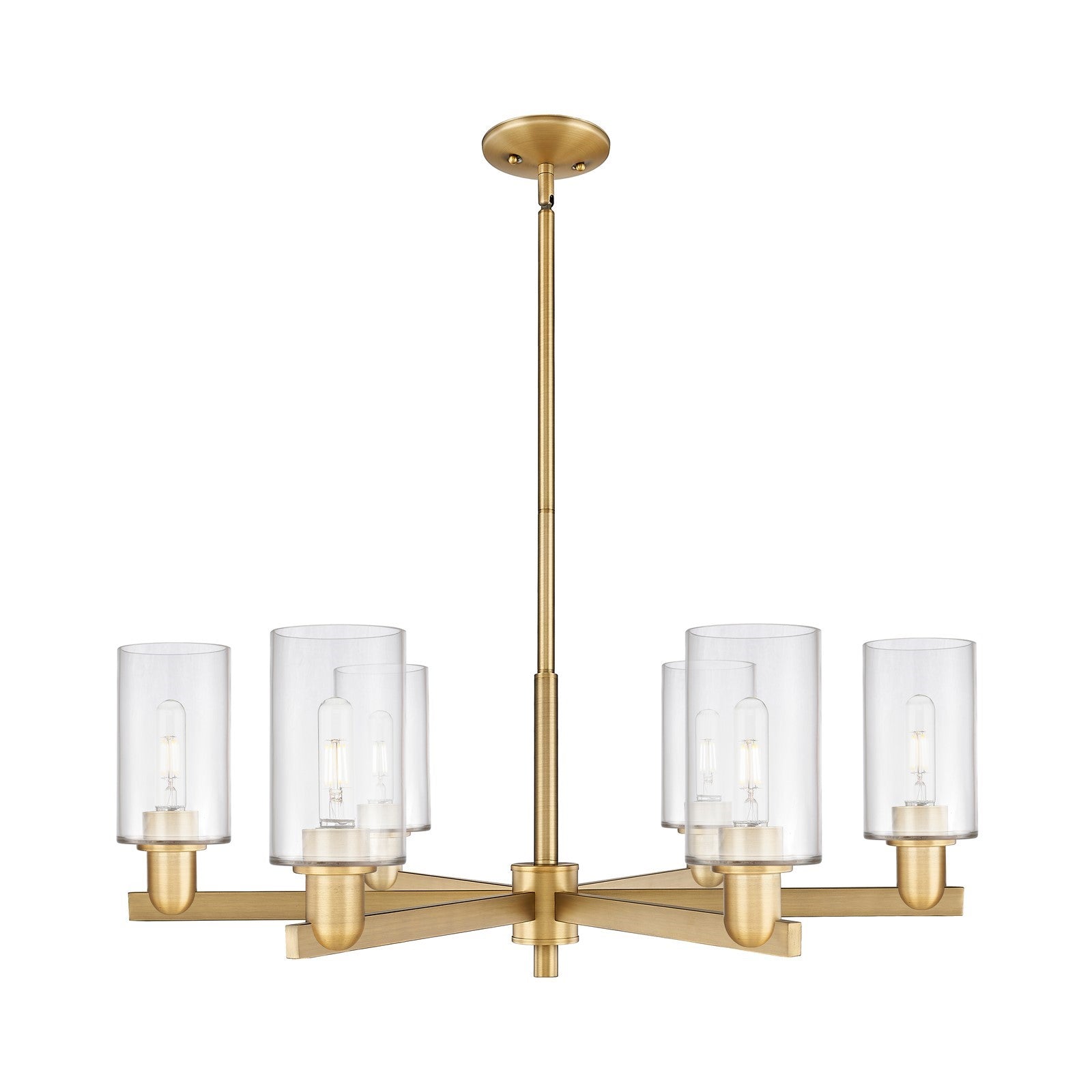 Innovations Clymer 34in 6-Light Chandelier | Industrial Brushed Brass and Clear Glass | Dining Room & Living Room | Model 716-6CR-BB-G802