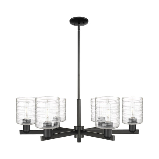 Innovations Cobbleskill 35in 6-Light Chandelier | Industrial Matte Black Steel and Deco Swirl Glass | Dining Room & Living Room | Model 716-6CR-BK-G1113