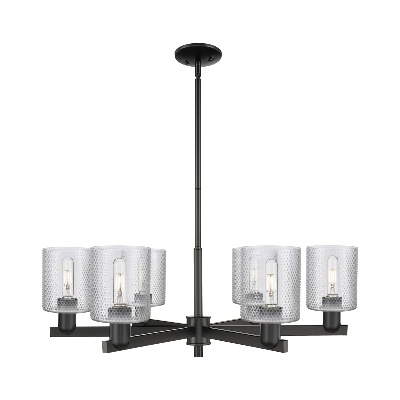 Innovations Cobbleskill 35in 6-Light Chandelier | Industrial Matte Black Steel and Clear Glass Drum Shade | Dining Room & Living | Model 716-6CR-BK-G112