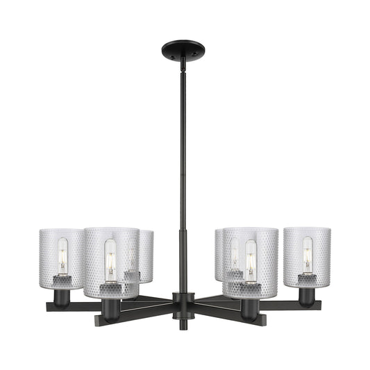Innovations Cobbleskill 35in 6-Light Chandelier | Industrial Matte Black Steel and Clear Glass Drum Shade | Dining Room & Living | Model 716-6CR-BK-G112