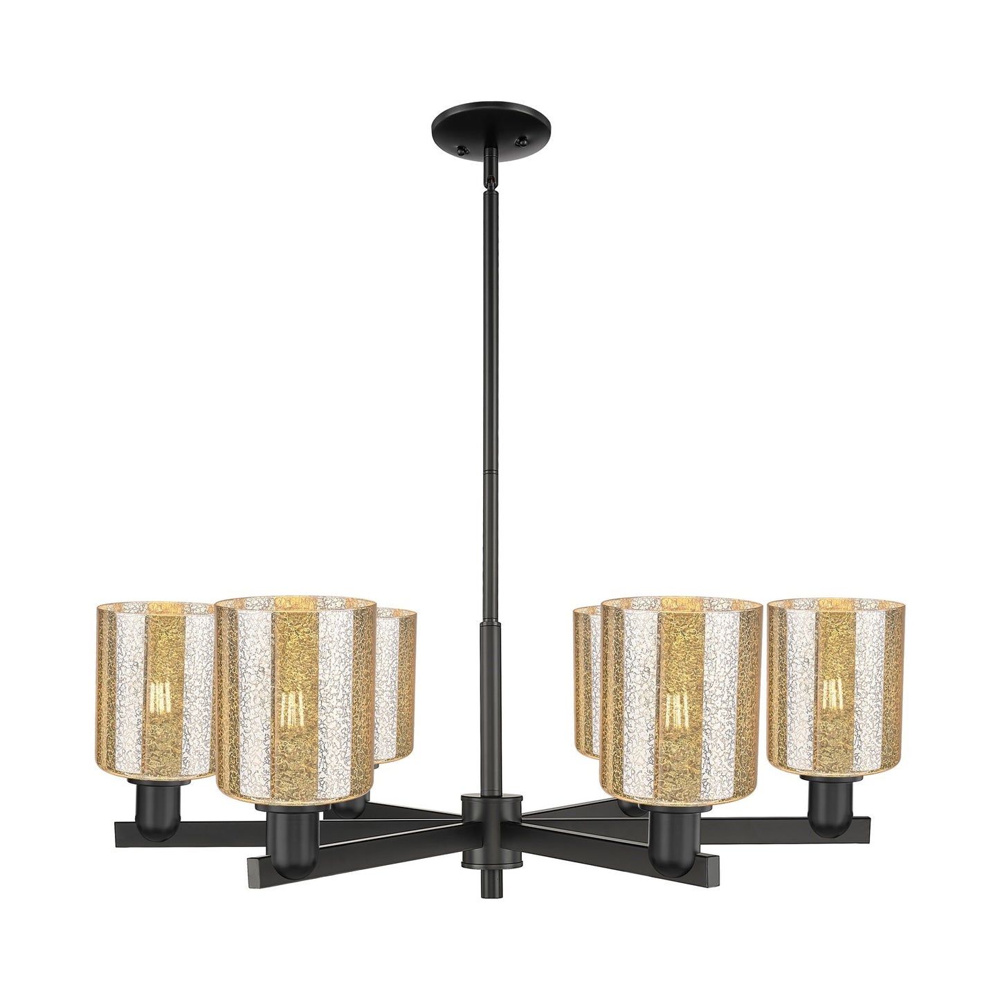 Innovations Cobbleskill 35in 6-Light Chandelier | Industrial Matte Black Steel and Mercury Glass Drum Shade | Dining Room & Living | Model 716-6CR-BK-G116