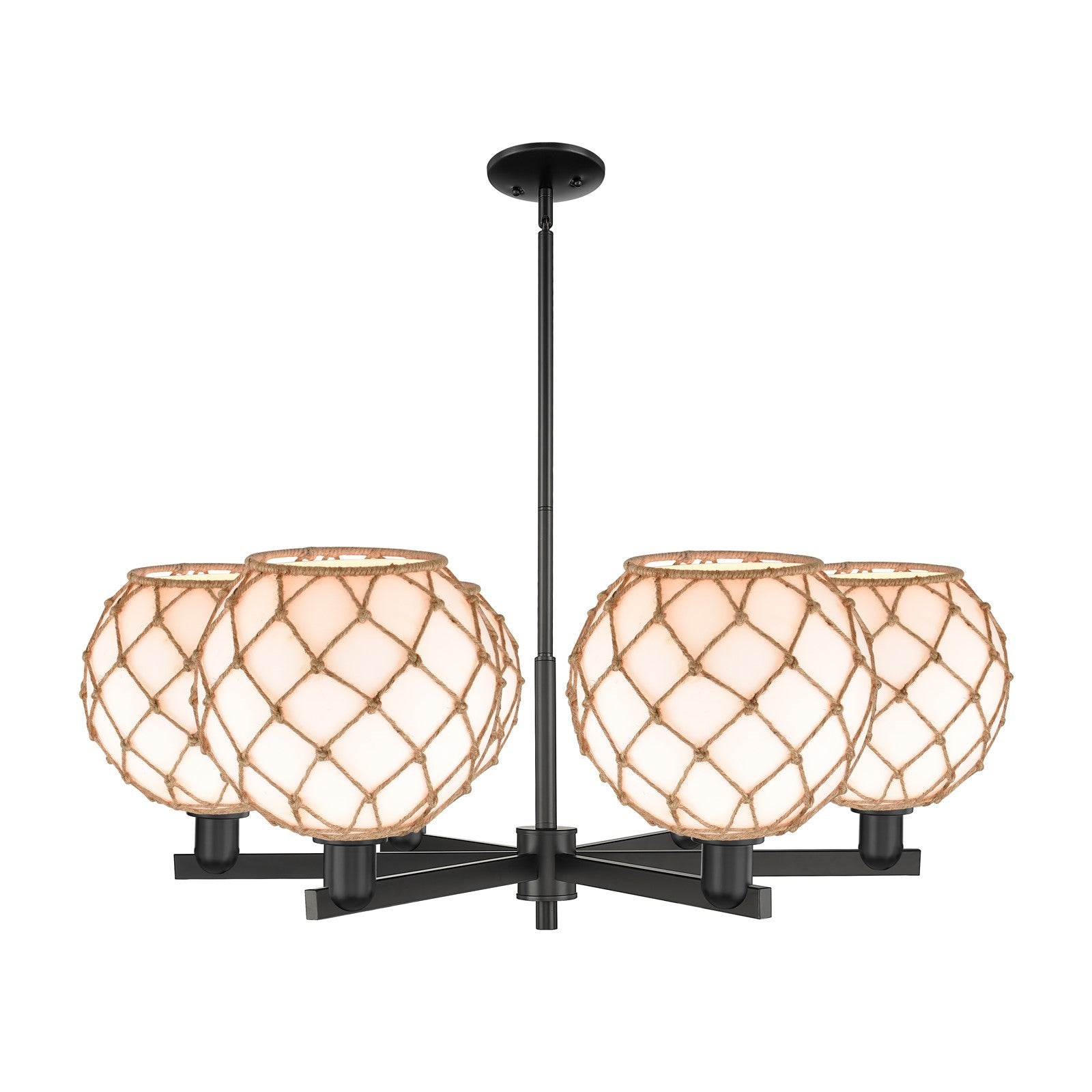 Innovations Farmhouse Rope 40in 6-Light Chandelier | Industrial Matte Black Steel and Matte White Glass with Brown Rope | Model 716-6CR-BK-G121-10RB