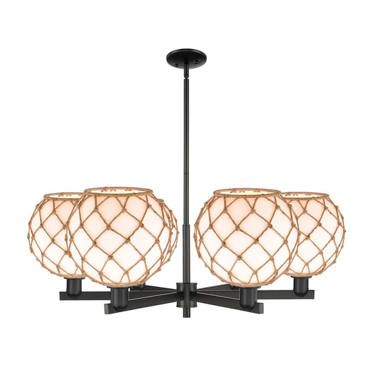 Innovations Farmhouse Rope 40in 6-Light Chandelier | Industrial Matte Black Steel and Matte White Glass with Brown Rope | Model 716-6CR-BK-G121-10RB