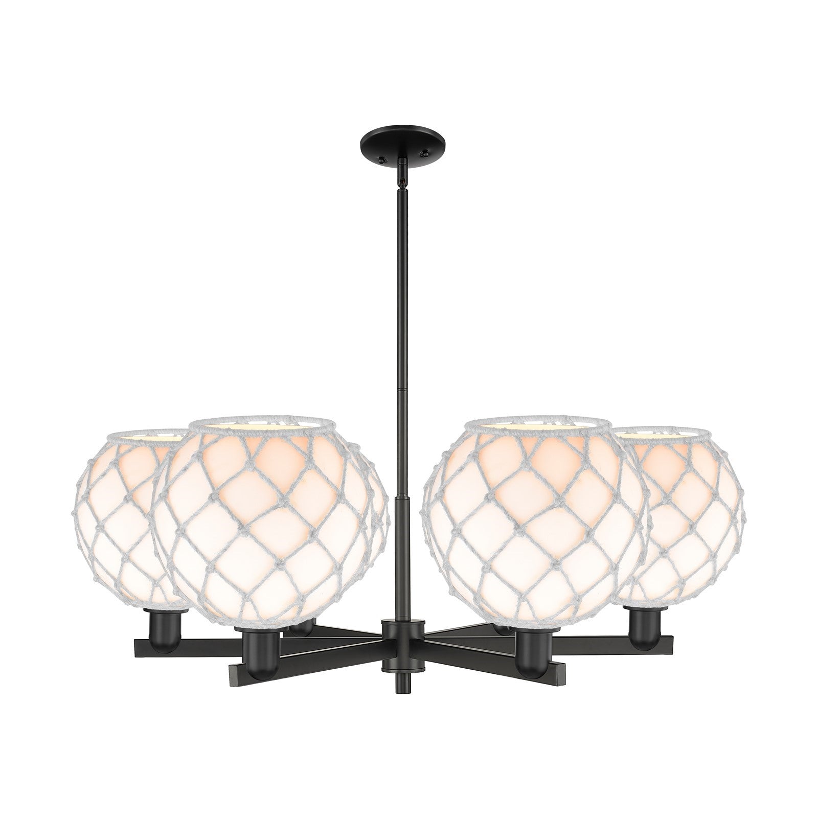 Innovations Farmhouse Rope 40in 6-Light Chandelier | Industrial Matte Black Steel and White Glass with Rope | Dining Room & | Model 716-6CR-BK-G121-10RW