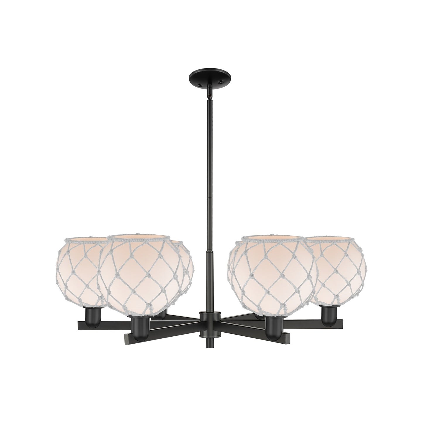 Innovations Farmhouse Rope 38in 6-Light Chandelier | Industrial Matte Black Steel and White Frosted Glass Rope Shade | Dining | Model 716-6CR-BK-G121-8RW