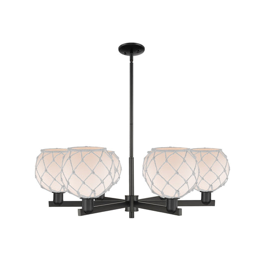 Innovations Farmhouse Rope 38in 6-Light Chandelier | Industrial Matte Black Steel and White Frosted Glass Rope Shade | Dining | Model 716-6CR-BK-G121-8RW