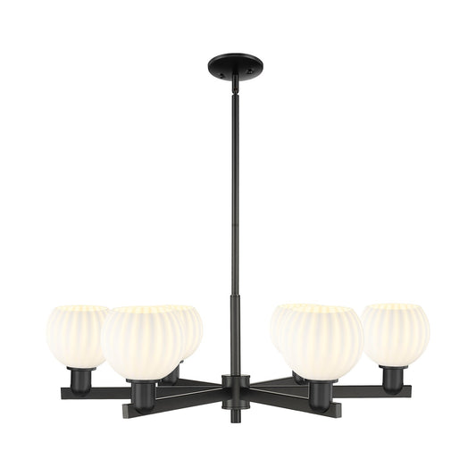 Innovations Lighting Arcadia 36in 6-Light Chandelier | Industrial Matte Black Steel and White Venetian Glass | Dining Room & | Model 716-6CR-BK-G1217-6WV