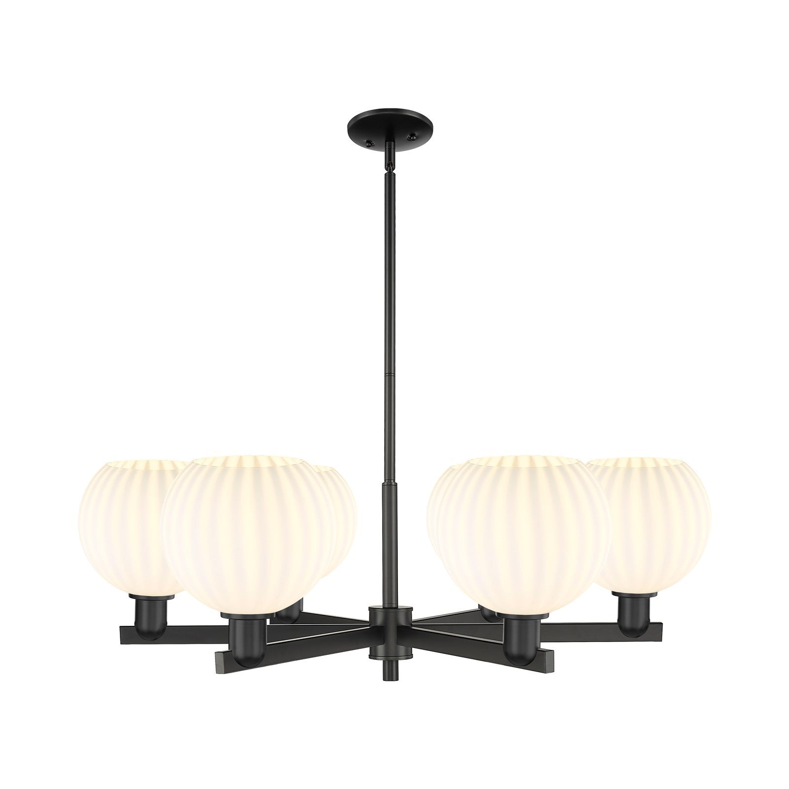 Innovations Lighting Arcadia 38in 6-Light Chandelier | Industrial Matte Black Steel and White Venetian Glass | Dining Room & | Model 716-6CR-BK-G1217-8WV